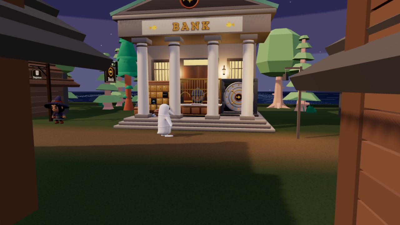 The Bank: a stone building with columns and the fish coin, Ledger behind the counter on its porch